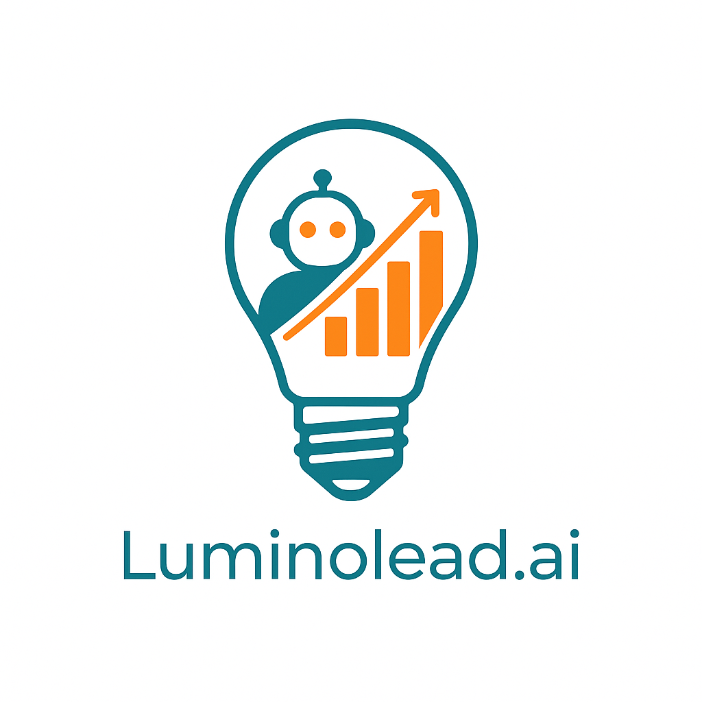 Luminolead.ai Logo mit Glühbirne, KI-Agent und Performance-Pfeil – Symbol für KI-gestützte Lead-Generierung und hochwertige Akquise.
